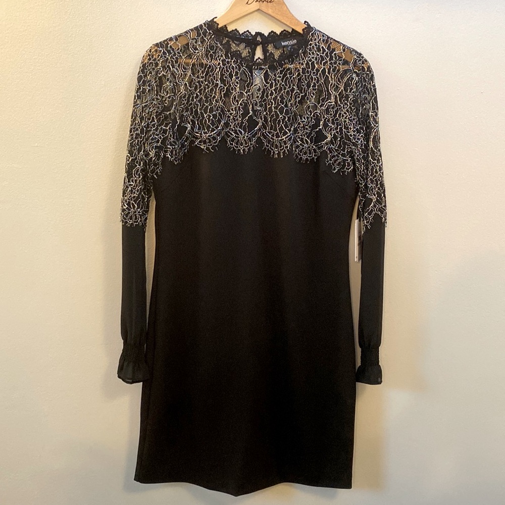 Kensie NWT Size 12 Black Long Sleeve lace sheer top mini cocktail formal dress